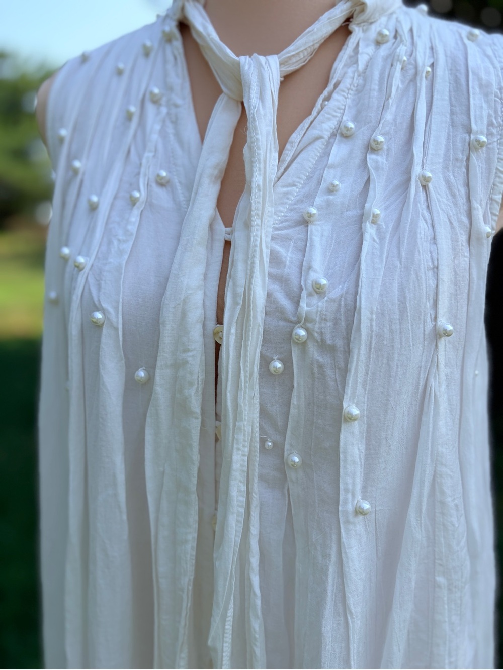 Anthropologie Feather Bone SMALL Sleeveless Tank Top Tie-Neck Pearl Swing flowy - Picture 4 of 4